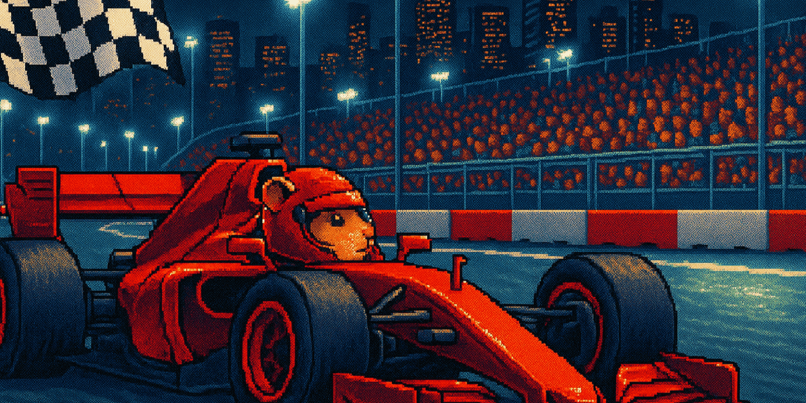 Pixel-art hamster F1 cars racing at night